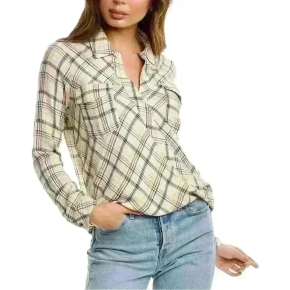 Splendid Driftwood Plaid Striped Flowy Collared Surplice Long Sleeve Top - Picture 1 of 10
